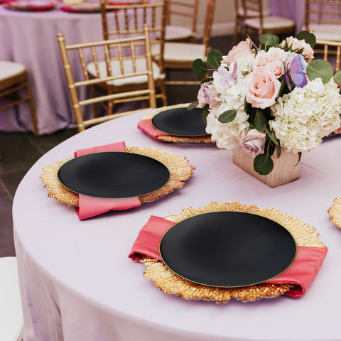 Black with Gold Rim Organic Round Plastic Disposable Dinner Plates (10.25