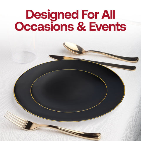 Black with Gold Rim Organic Round Disposable Plastic Dinner Plates (10.25