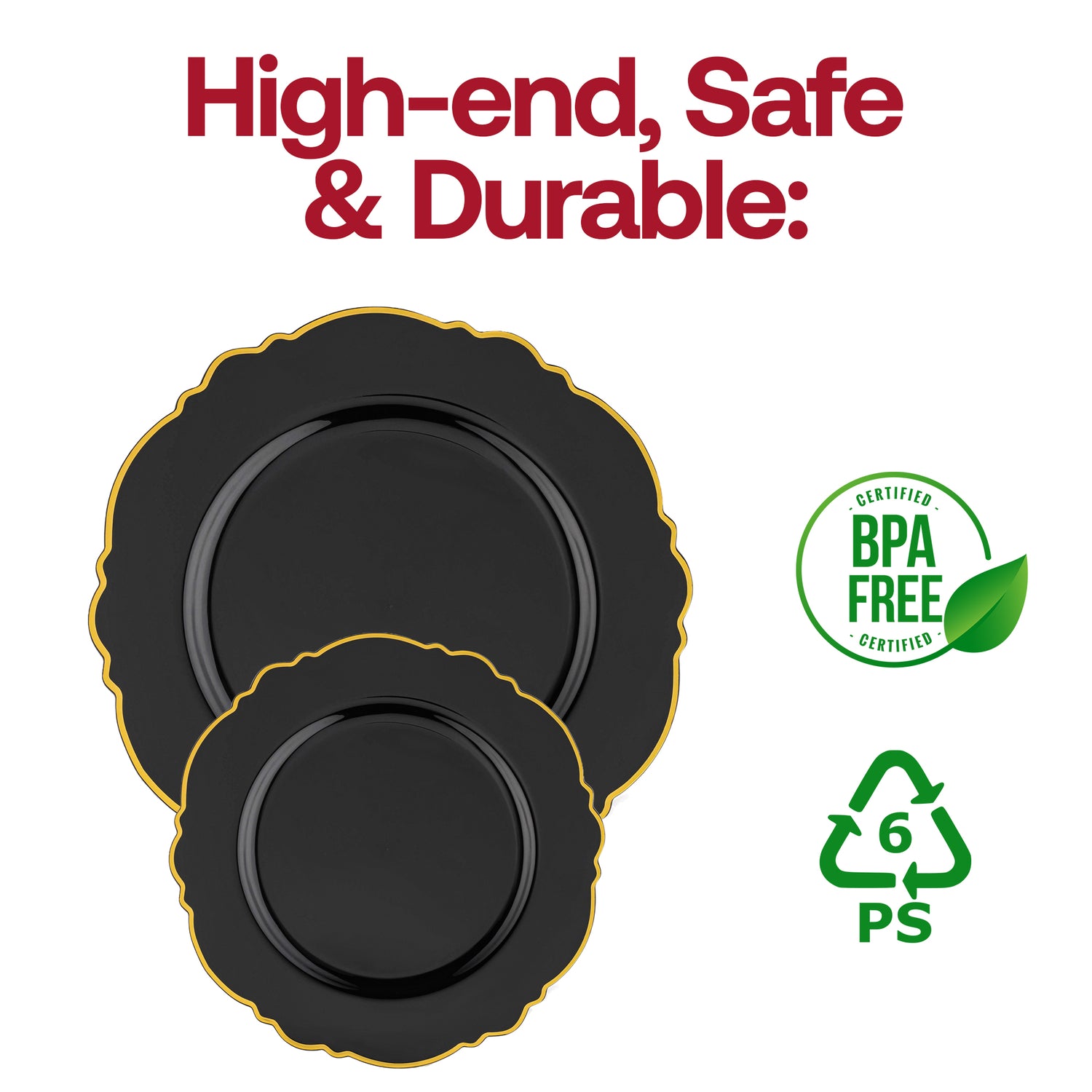 Black with Gold Rim Round Blossom Disposable Plastic Appetizer/Salad Plates (7.5") | The Kaya Collection