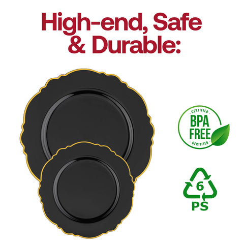 Black with Gold Rim Round Blossom Disposable Plastic Appetizer/Salad Plates (7.5