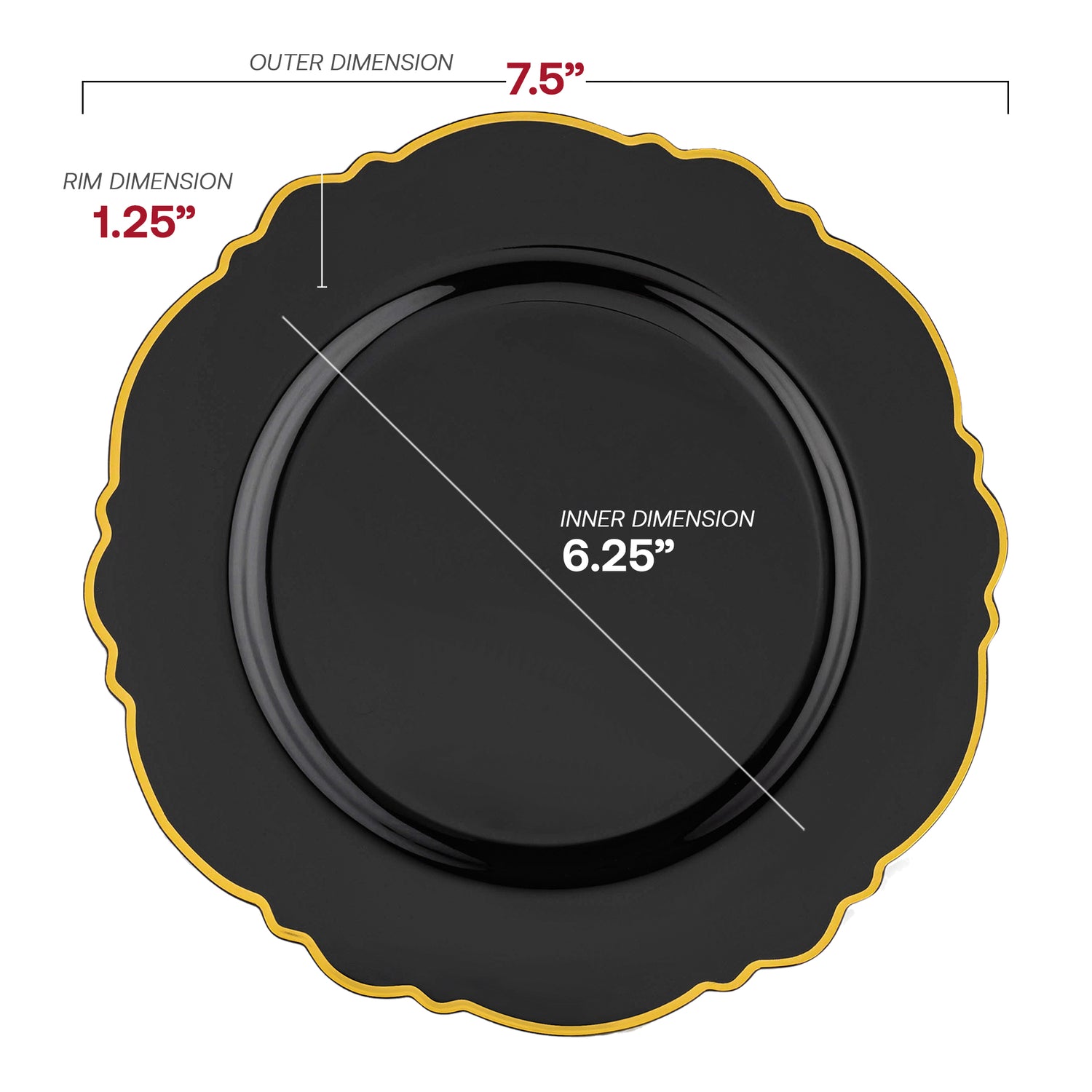 Black with Gold Rim Round Blossom Disposable Plastic Appetizer/Salad Plates (7.5") | The Kaya Collection