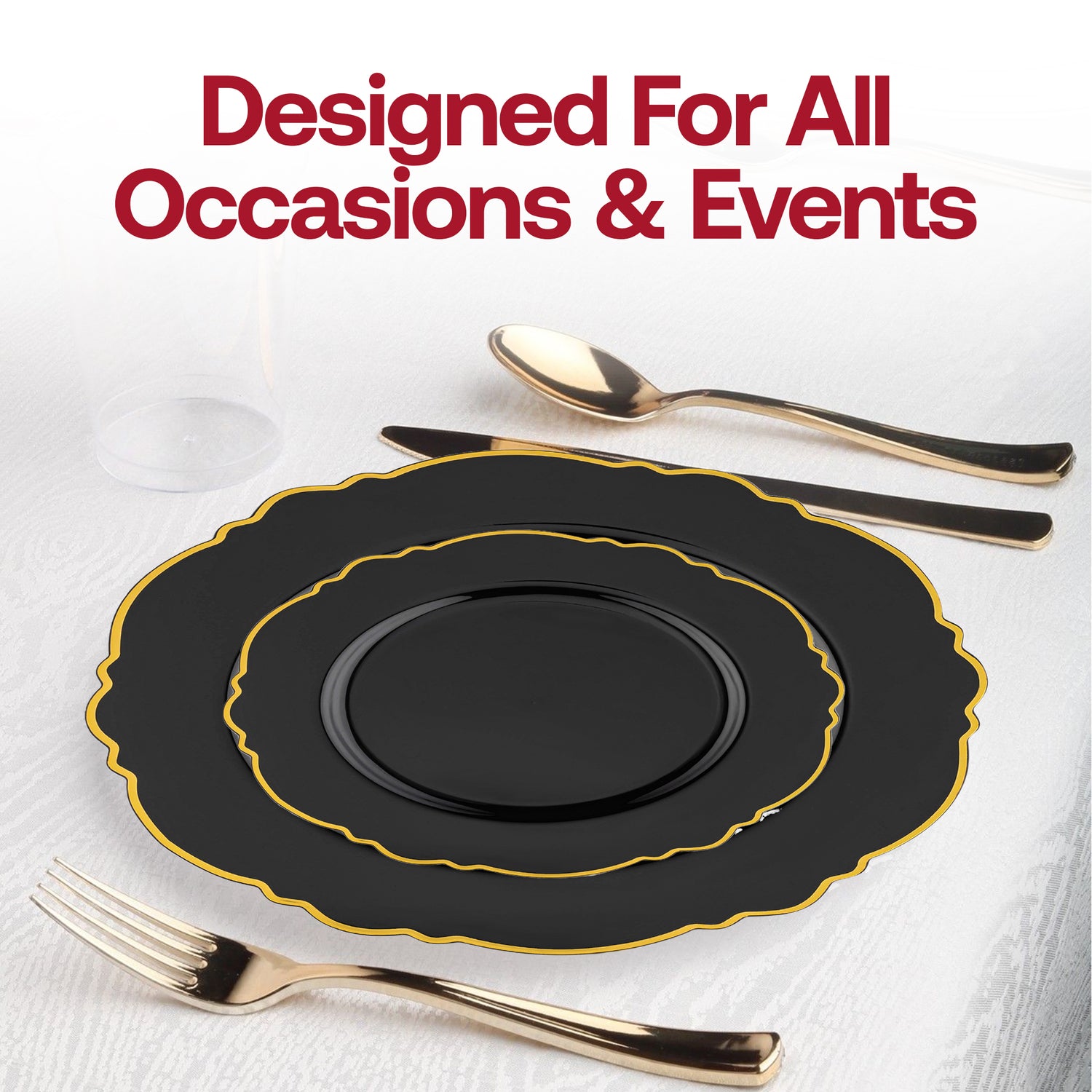 Black with Gold Rim Round Blossom Disposable Plastic Appetizer/Salad Plates (7.5") Lifestyle | The Kaya Collection