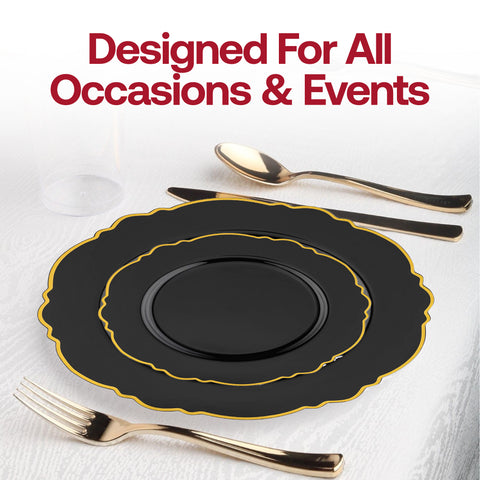 Black with Gold Rim Round Blossom Disposable Plastic Appetizer/Salad Plates (7.5