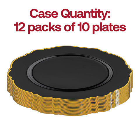 Black with Gold Rim Round Blossom Disposable Plastic Appetizer/Salad Plates (7.5