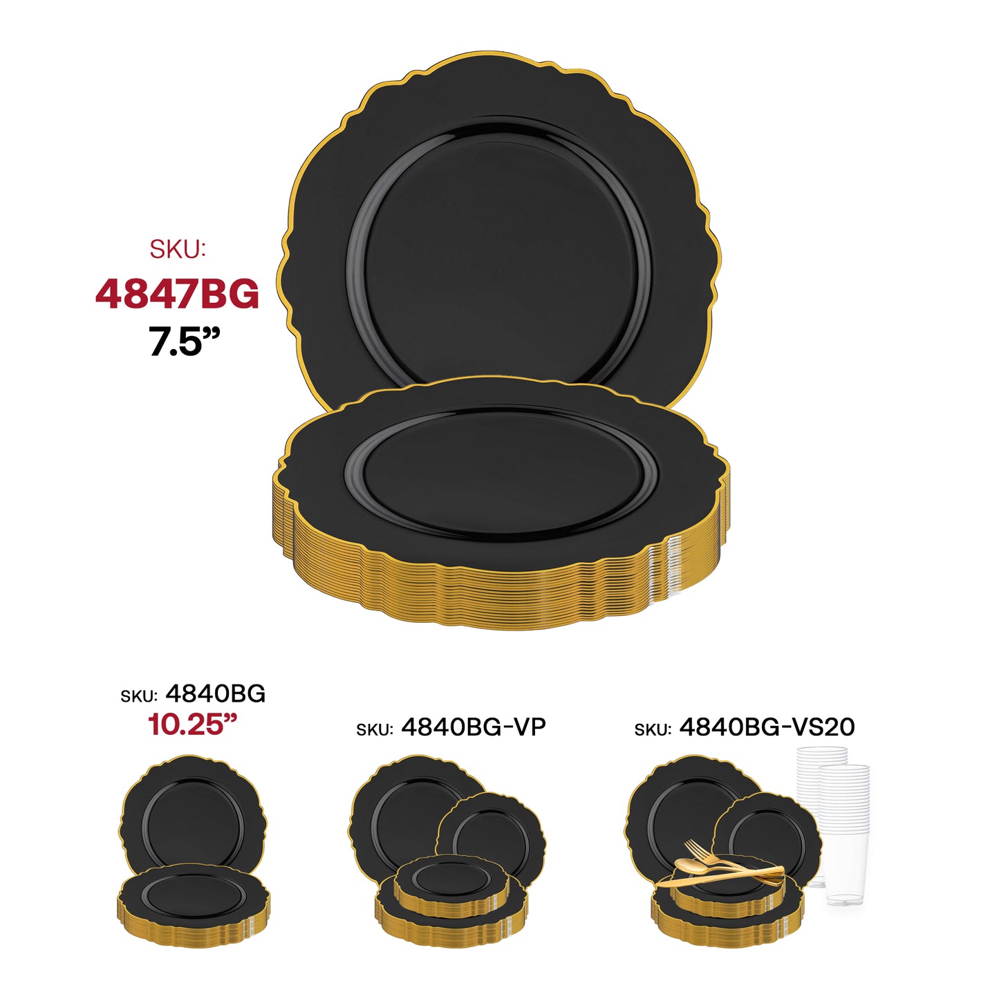 Black with Gold Rim Round Blossom Disposable Plastic Appetizer/Salad Plates (7.5") SKU | The Kaya Collection