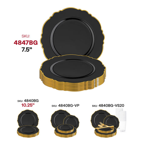 Black with Gold Rim Round Blossom Disposable Plastic Appetizer/Salad Plates (7.5