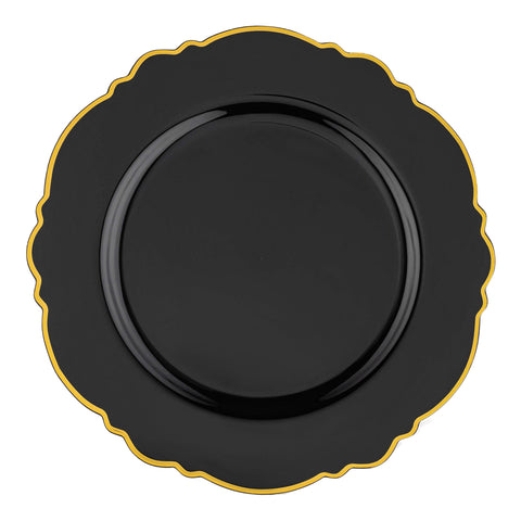 Black with Gold Rim Round Blossom Disposable Plastic Appetizer/Salad Plates (7.5