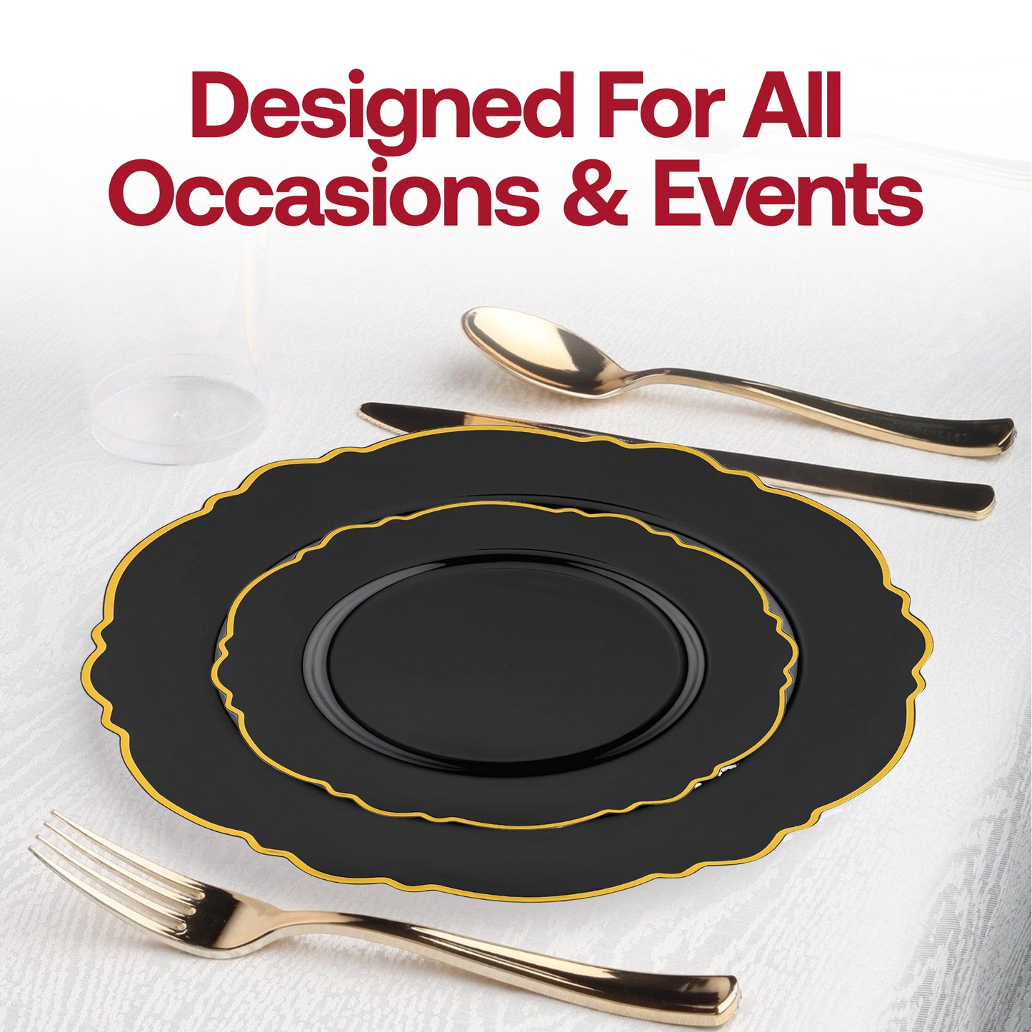 Black with Gold Rim Round Blossom Disposable Plastic Dinner Plates (10.25") Lifestyle | The Kaya Collection