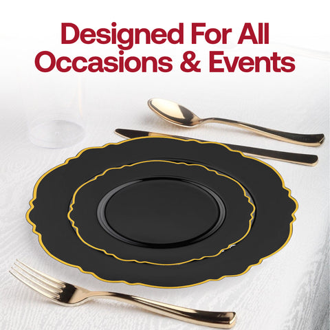 Black with Gold Rim Round Blossom Disposable Plastic Dinner Plates (10.25