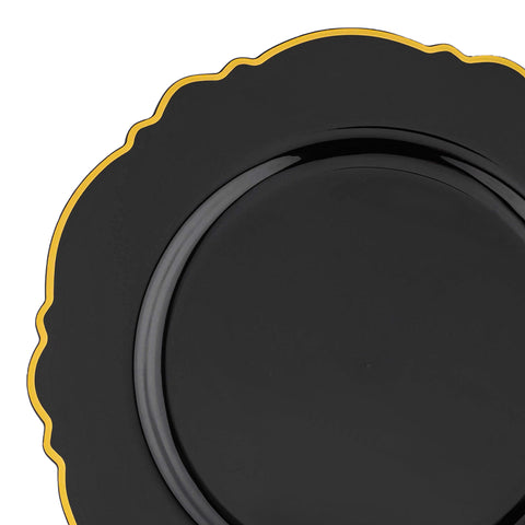 Black with Gold Rim Round Blossom Disposable Plastic Dinner Plates (10.25