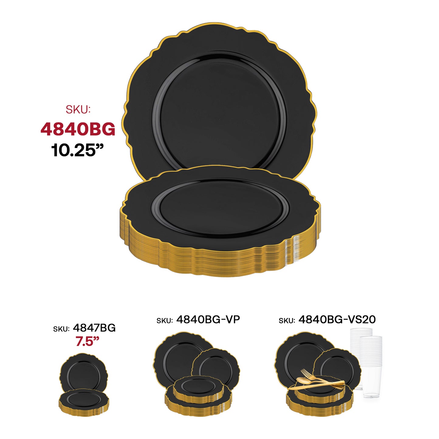Black with Gold Rim Round Blossom Disposable Plastic Dinner Plates (10.25") SKU | The Kaya Collection