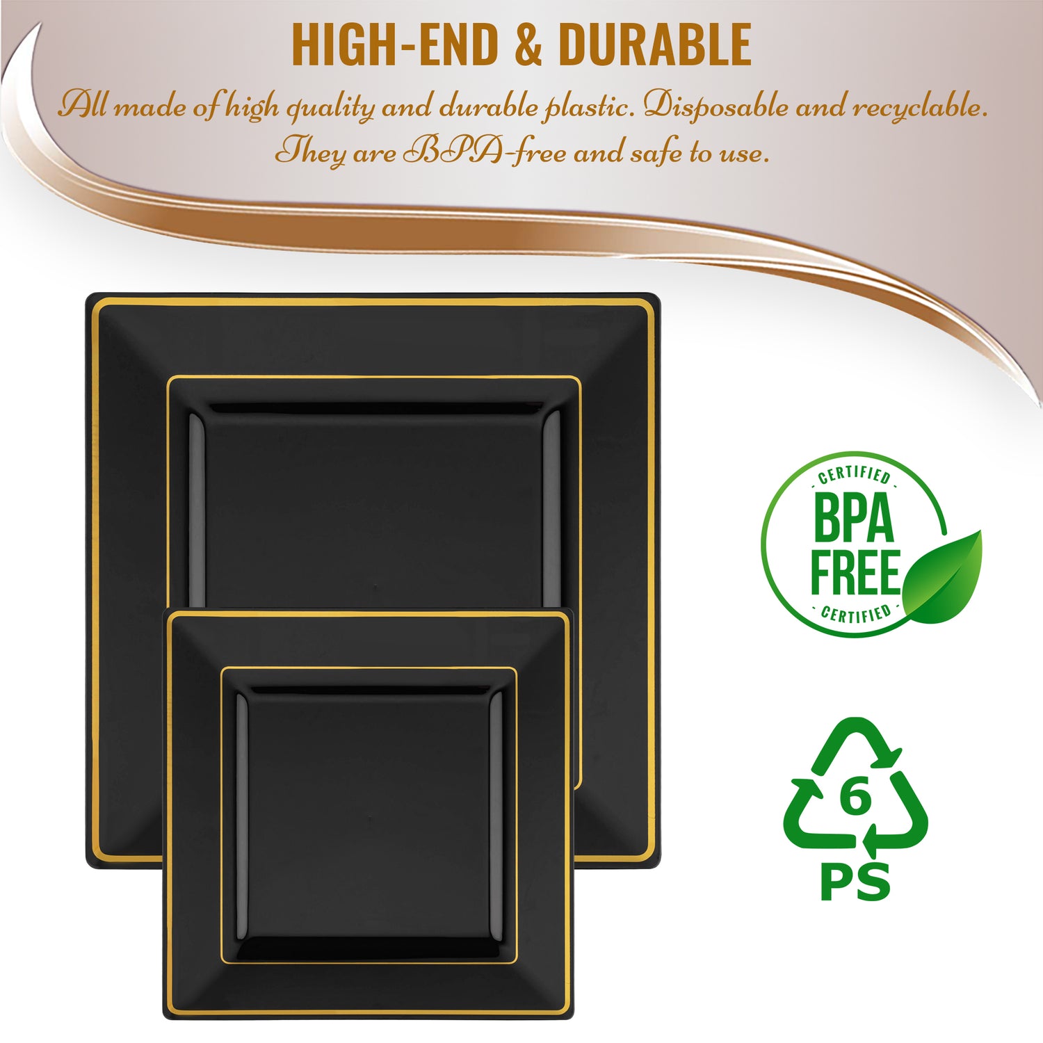 Black with Gold Square Edge Rim Disposable Plastic Dinner Plates (9.5") BPA | The Kaya Collection