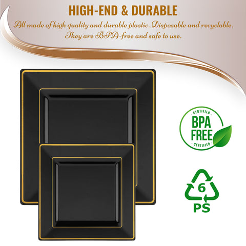 Black with Gold Square Edge Rim Disposable Plastic Dinner Plates (9.5