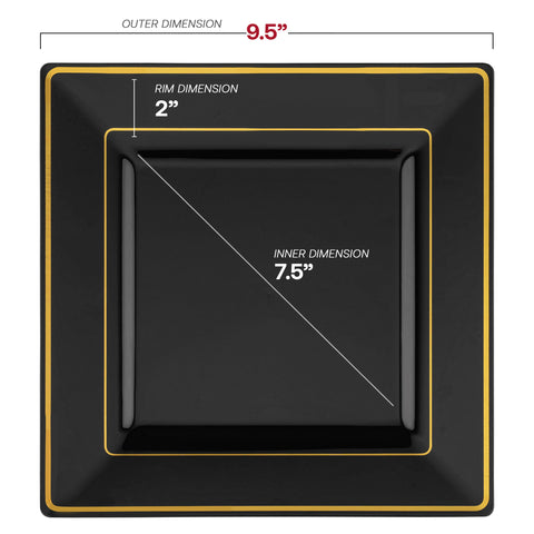 Black with Gold Square Edge Rim Disposable Plastic Dinner Plates (9.5