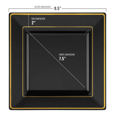 Black with Gold Square Edge Rim Disposable Plastic Dinner Plates (9.5