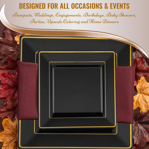 Black with Gold Square Edge Rim Disposable Plastic Dinner Plates (9.5