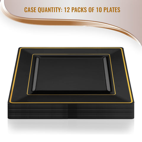 Black with Gold Square Edge Rim Disposable Plastic Dinner Plates (9.5
