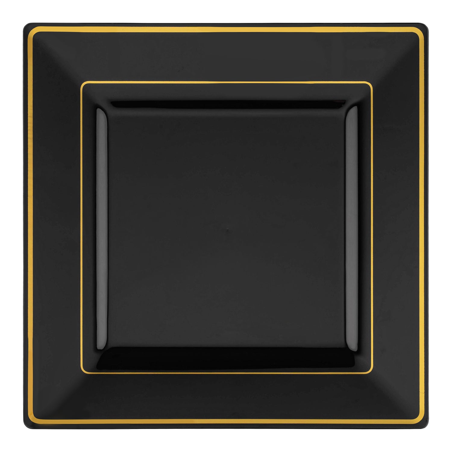 Black with Gold Square Edge Rim Disposable Plastic Dinner Plates (9.5") | The Kaya Collection