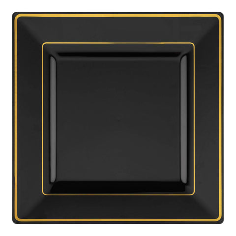 Black with Gold Square Edge Rim Disposable Plastic Dinner Plates (9.5