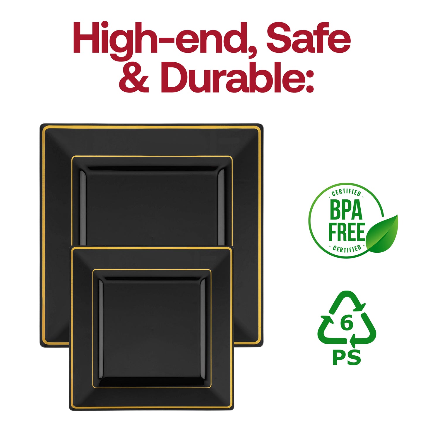 Black with Gold Square Edge Rim Plastic Salad Plates (6.5")