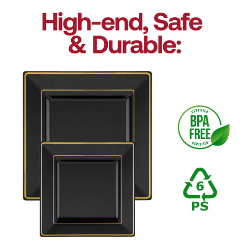 Black with Gold Square Edge Rim Plastic Salad Plates (6.5