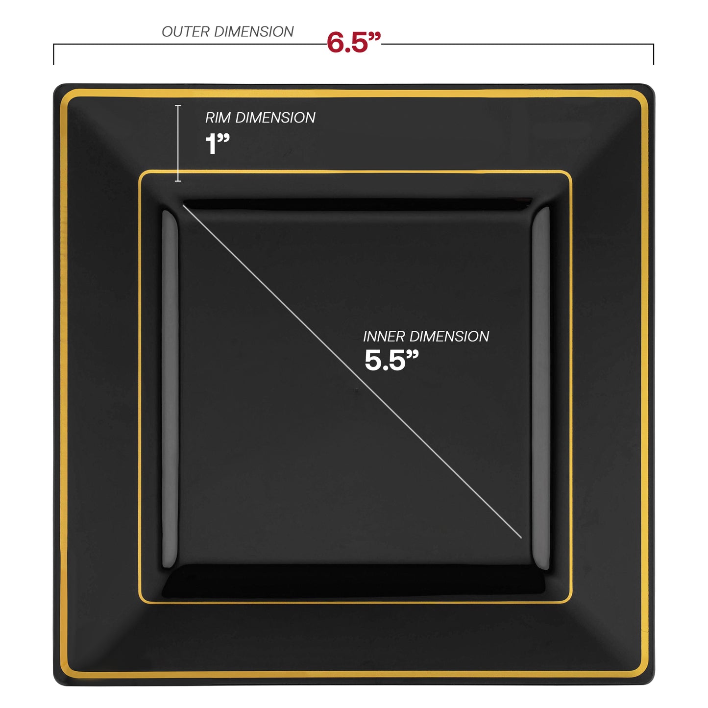 Black with Gold Square Edge Rim Plastic Salad Plates (6.5")