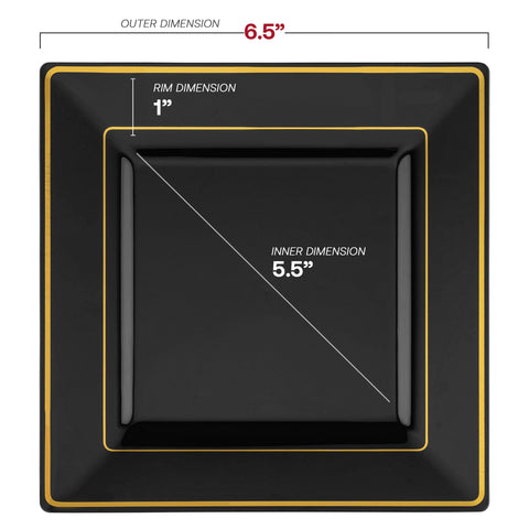 Black with Gold Square Edge Rim Plastic Salad Plates (6.5
