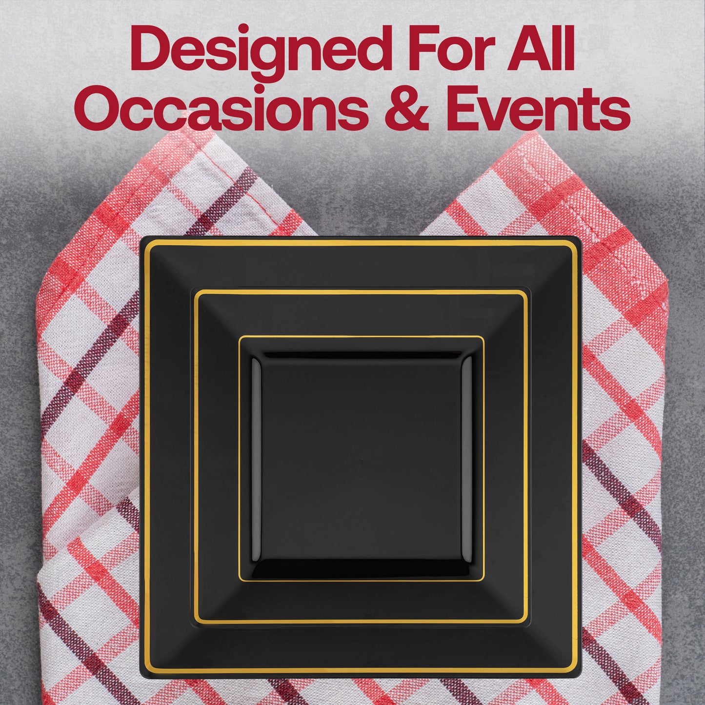 Black with Gold Square Edge Rim Plastic Salad Plates (6.5")