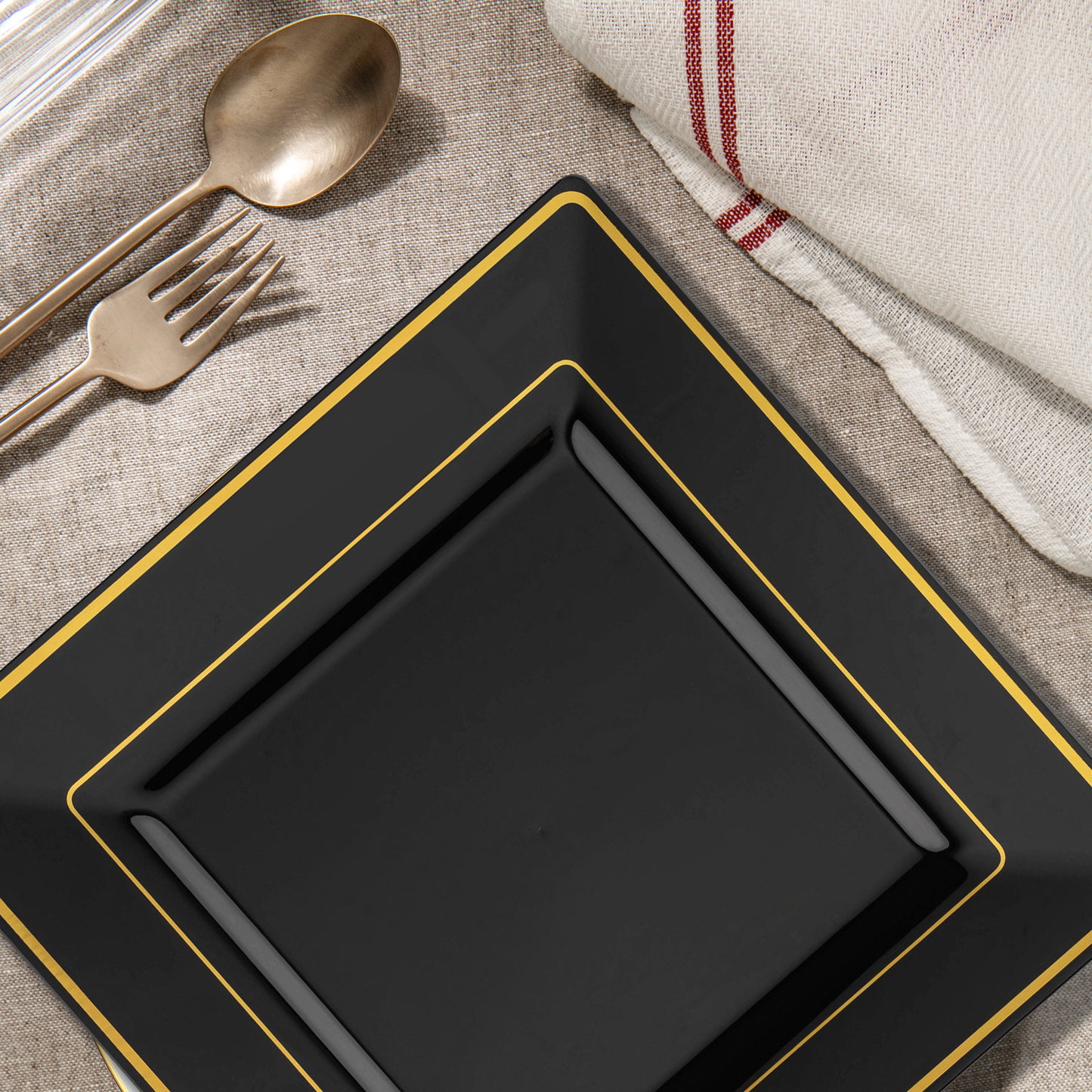 Black with Gold Square Edge Rim Plastic Salad Plates (6.5")