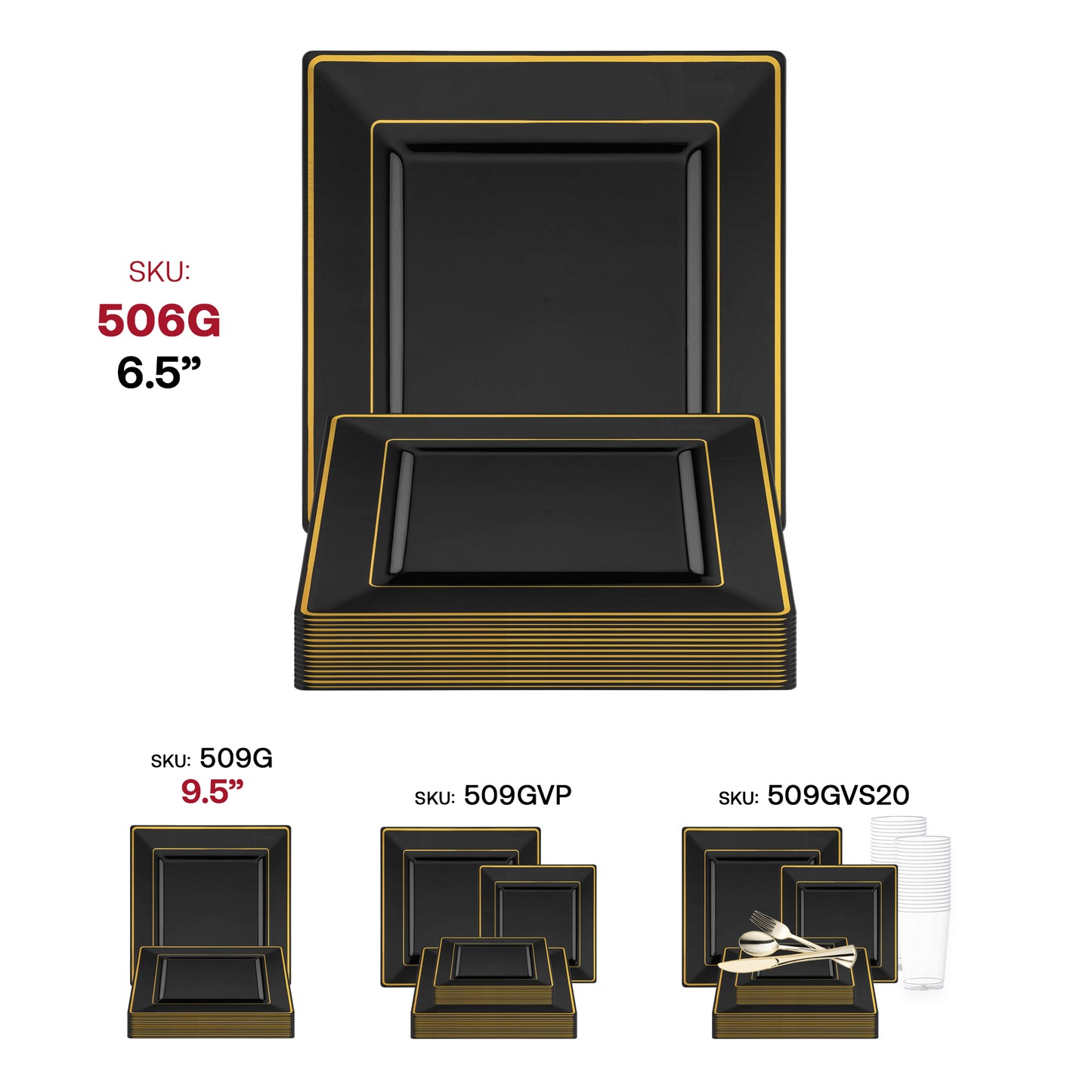 Black with Gold Square Edge Rim Plastic Salad Plates (6.5")