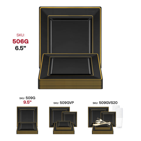 Black with Gold Square Edge Rim Plastic Salad Plates (6.5