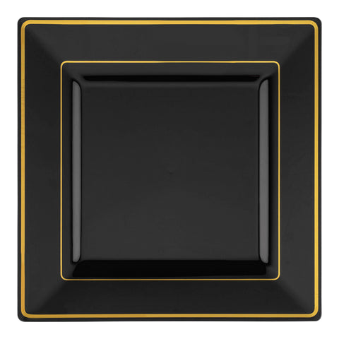 Black with Gold Square Edge Rim Plastic Salad Plates (6.5