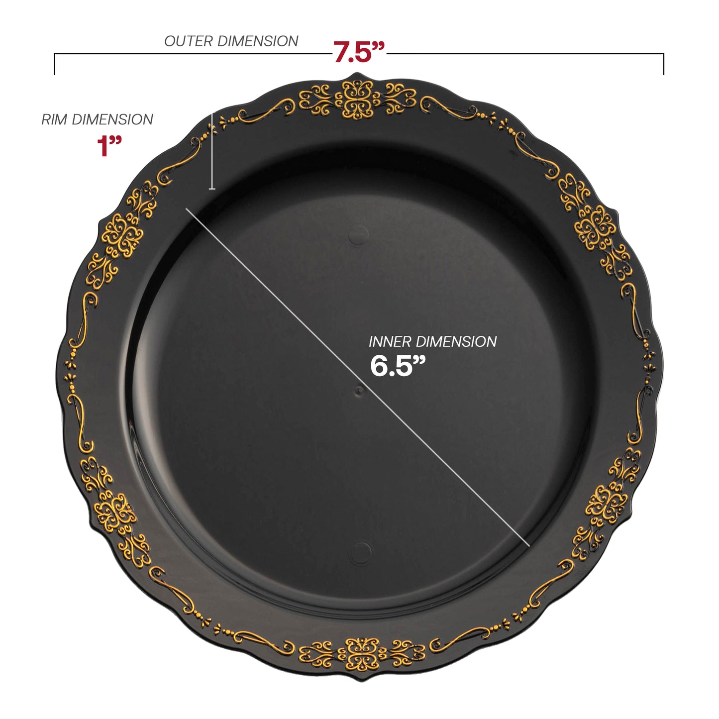Black with Gold Vintage Rim Round Disposable Plastic Appetizer/Salad Plates (7.5") Dimension | The Kaya Collection