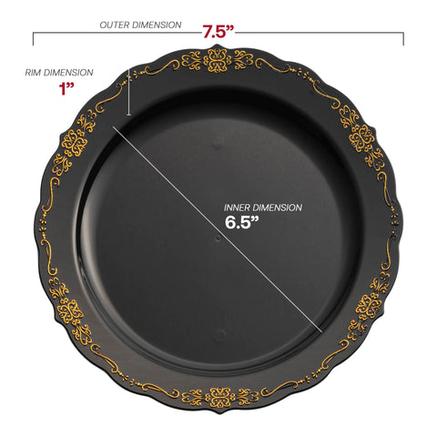Black with Gold Vintage Rim Round Disposable Plastic Appetizer/Salad Plates (7.5