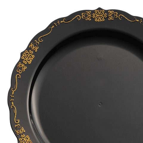 Black with Gold Vintage Rim Round Disposable Plastic Appetizer/Salad Plates (7.5
