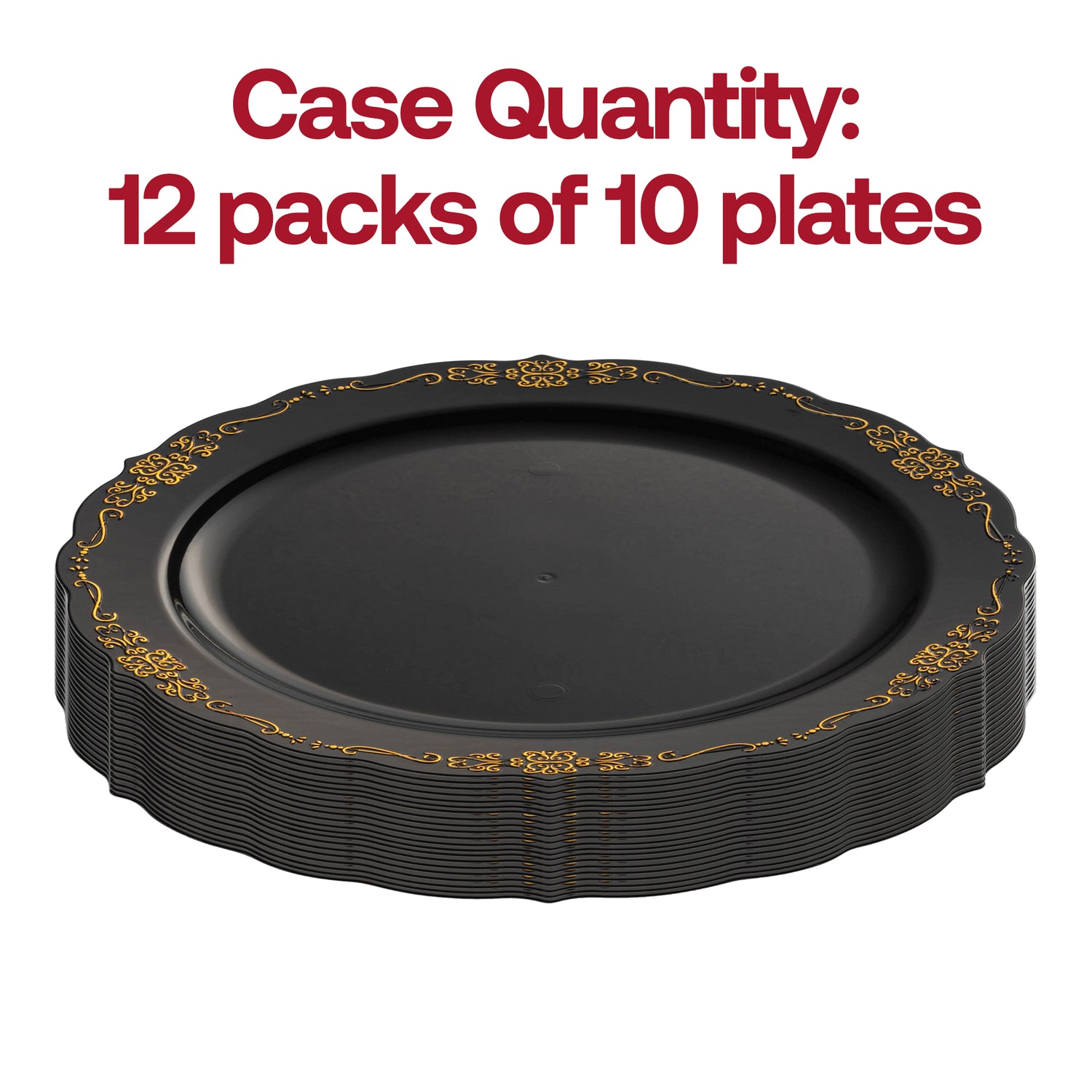 Black with Gold Vintage Rim Round Disposable Plastic Appetizer/Salad Plates (7.5") Quantity | The Kaya Collection