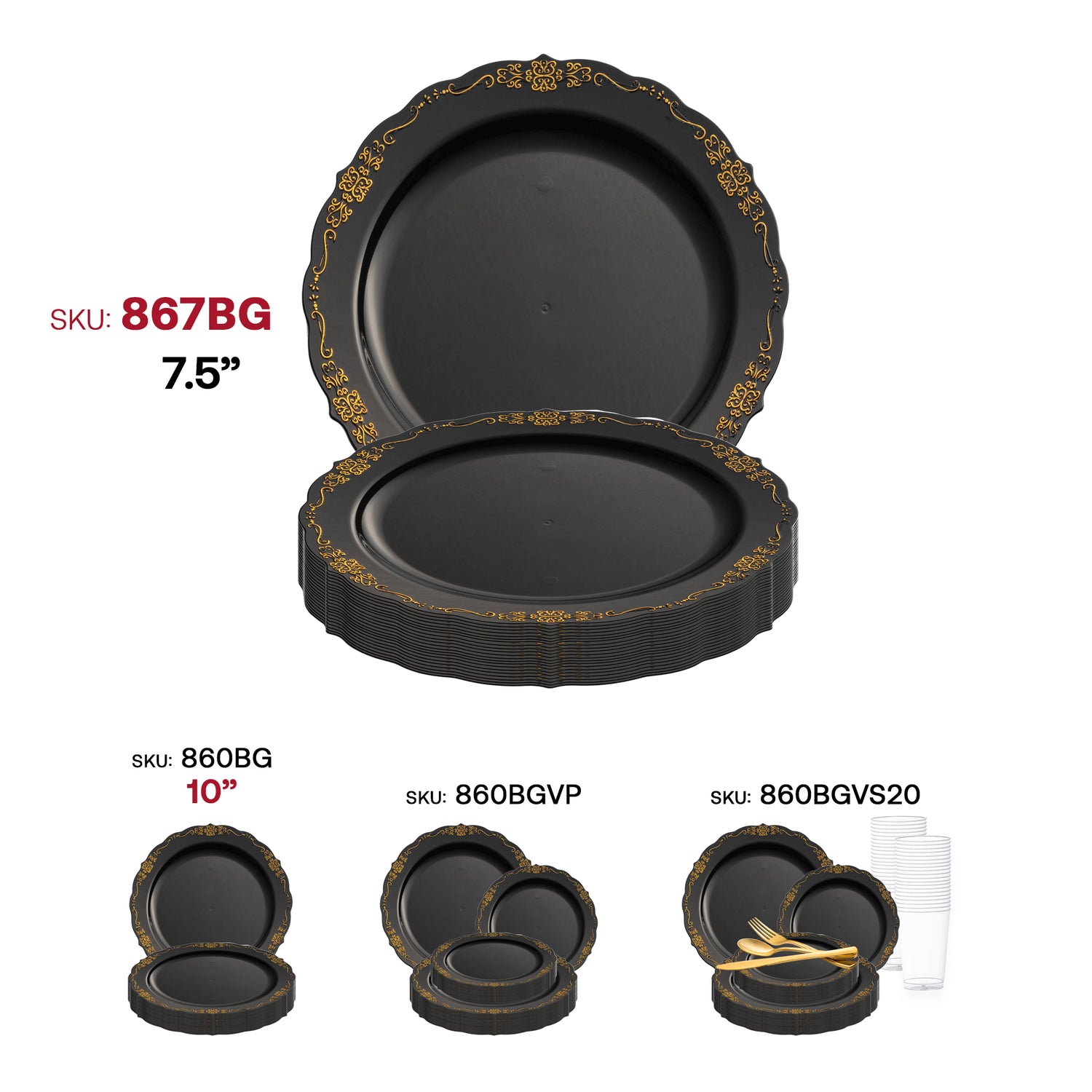Black with Gold Vintage Rim Round Disposable Plastic Appetizer/Salad Plates (7.5") SKU | The Kaya Collection
