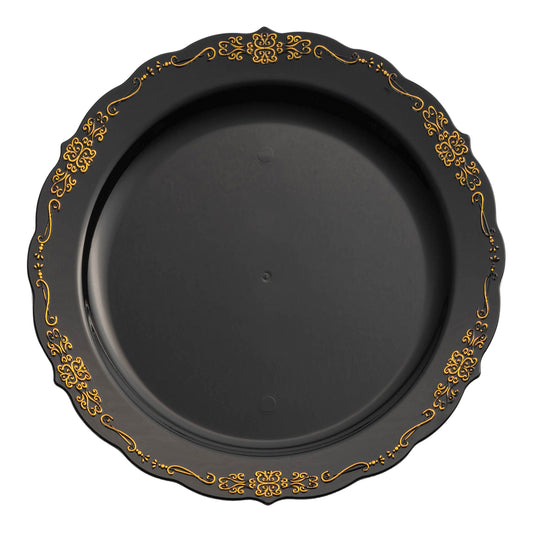 Black with Gold Vintage Rim Round Disposable Plastic Appetizer/Salad Plates (7.5") | The Kaya Collection