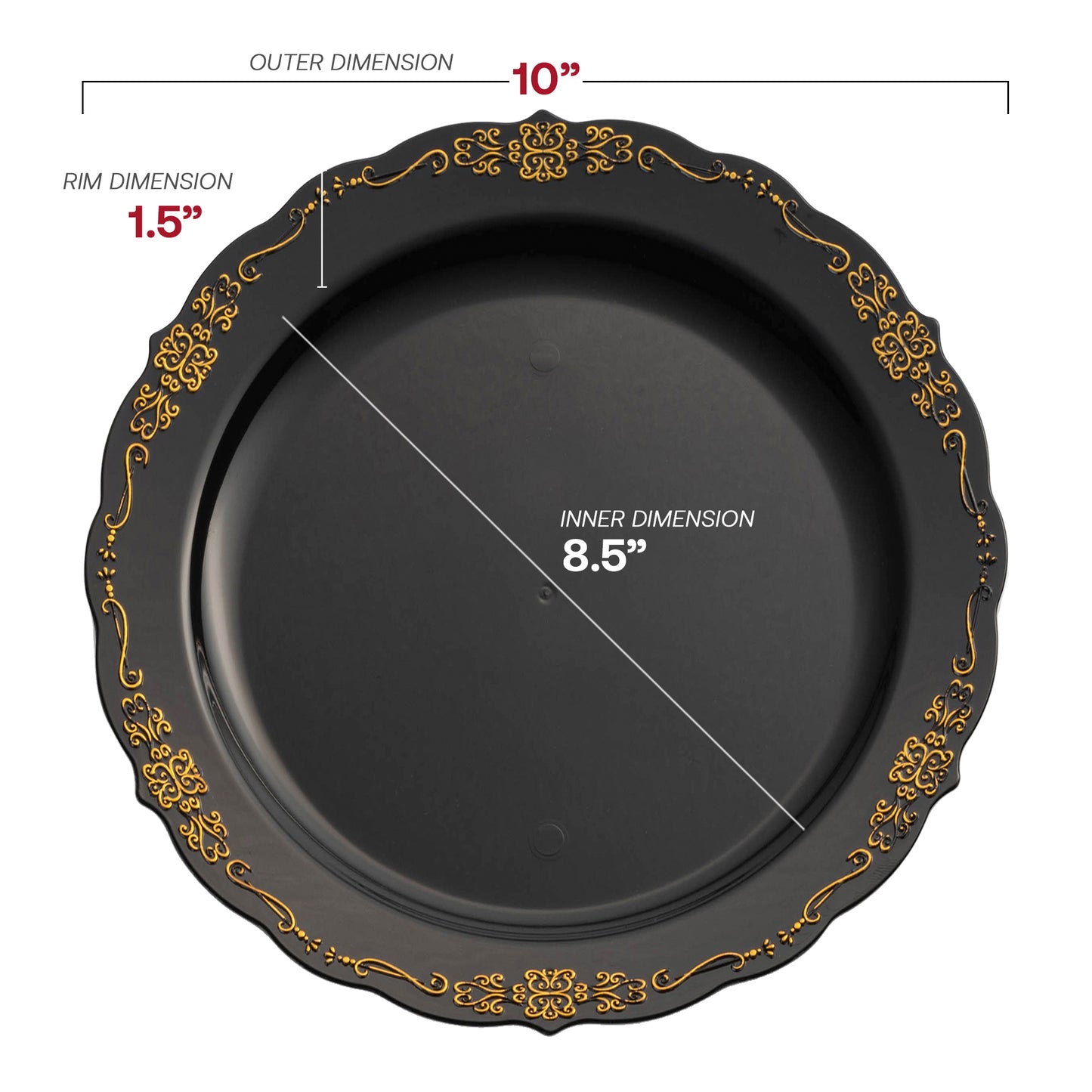 Black with Gold Vintage Round Plastic Disposable Dinner Plates (10") Dimension | The Kaya Collection