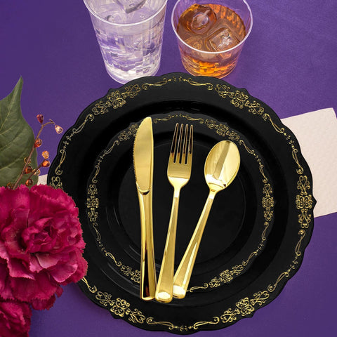 Black with Gold Vintage Round Plastic Disposable Dinner Plates (10