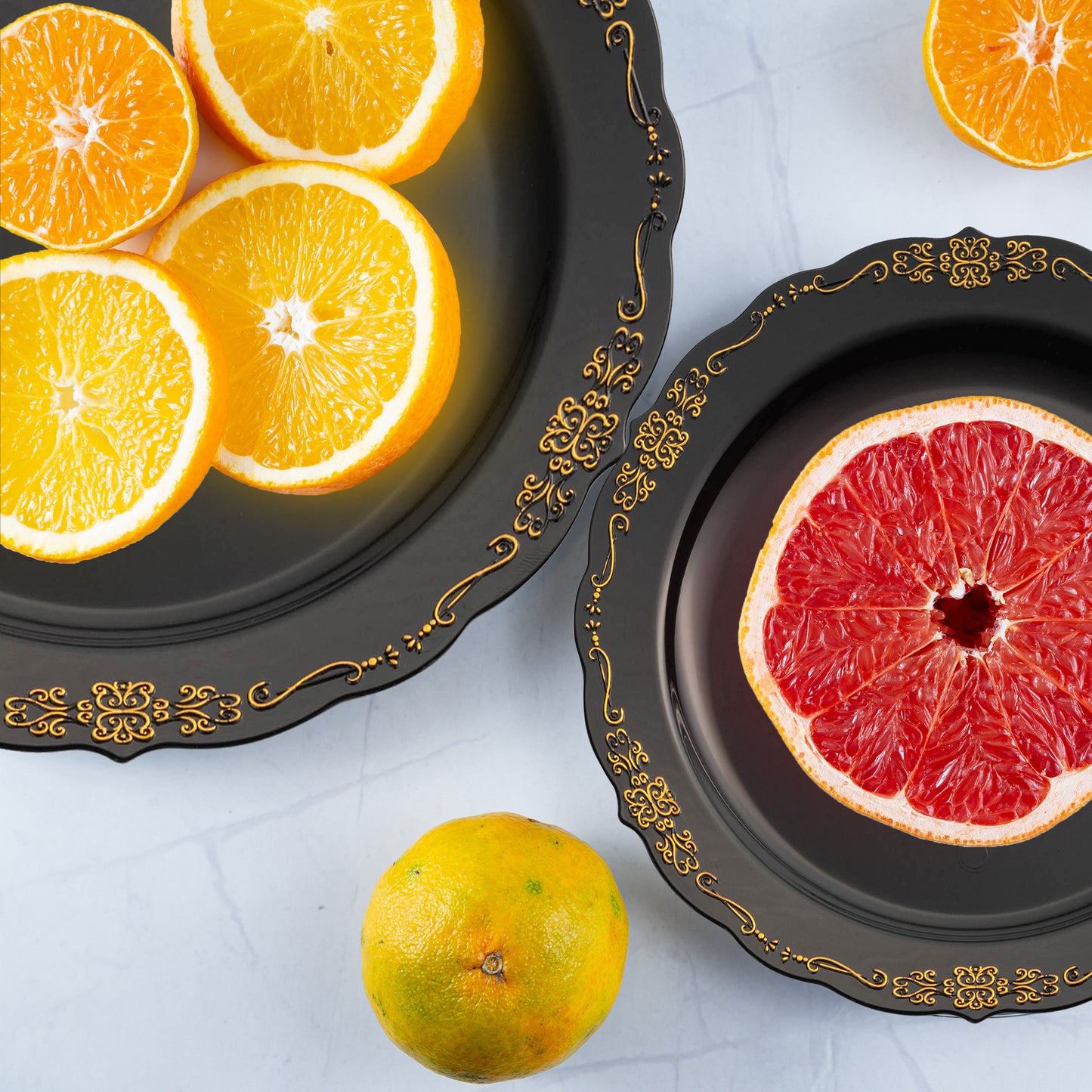 Black with Gold Vintage Round Plastic Disposable Dinner Plates (10")