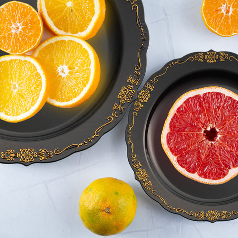 Black with Gold Vintage Round Plastic Disposable Dinner Plates (10