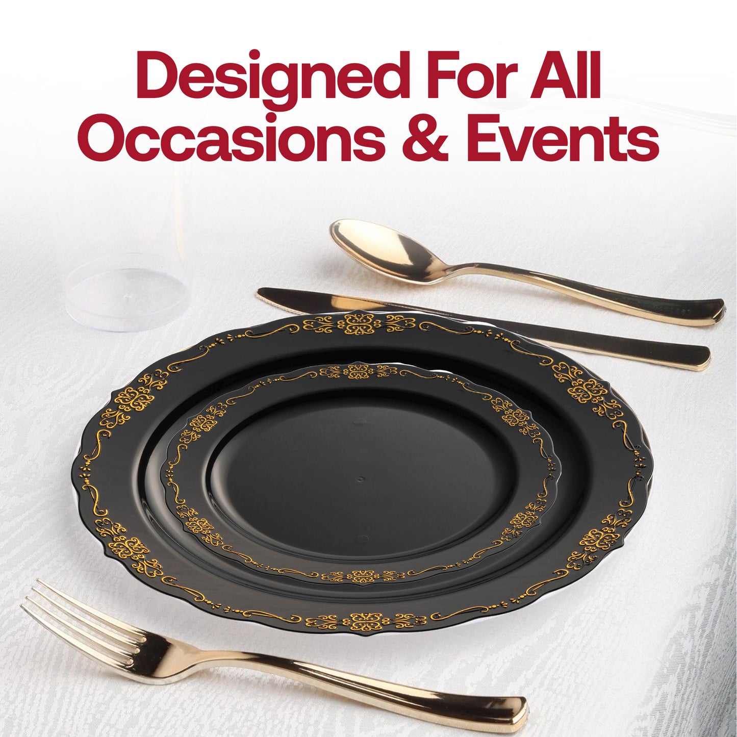 Black with Gold Vintage Round Plastic Disposable Dinner Plates (10") Lifestyle | The Kaya Collection