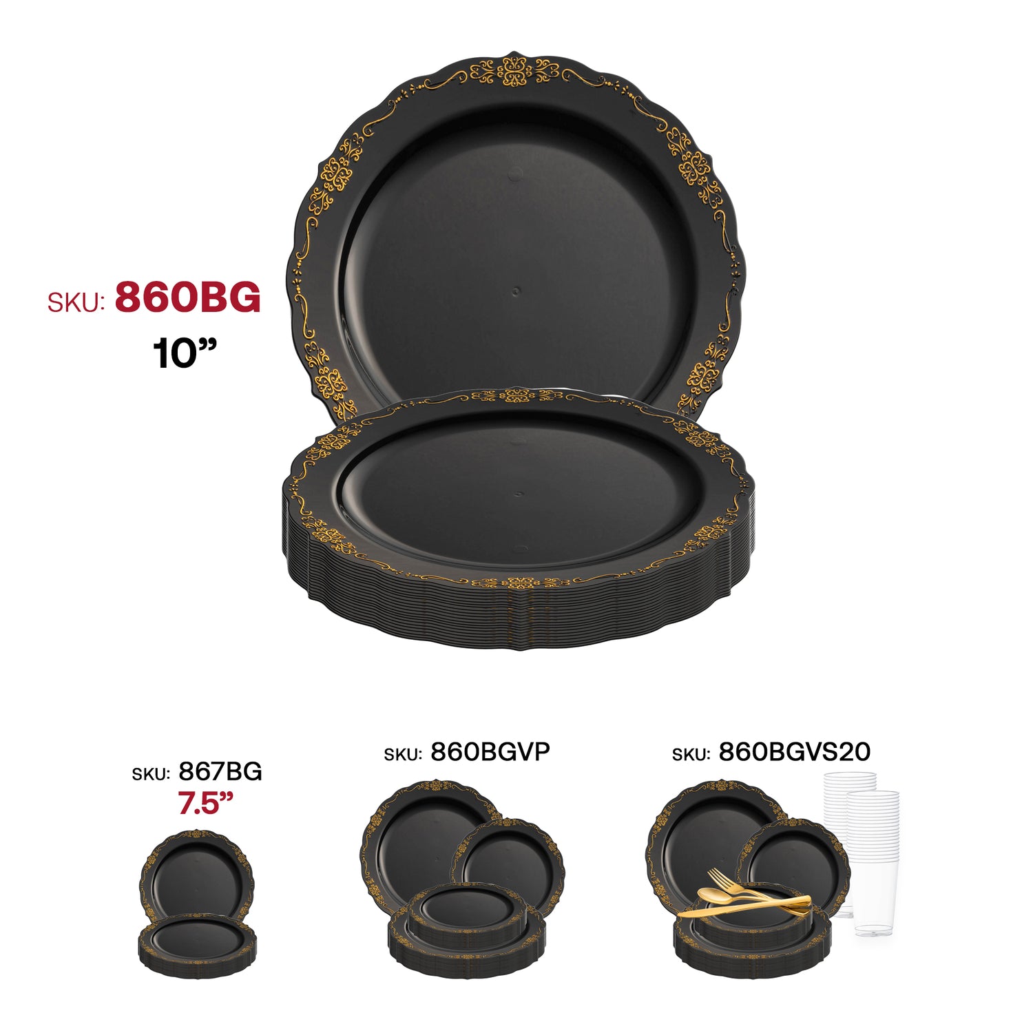 Black with Gold Vintage Round Plastic Disposable Dinner Plates (10") SKU | The Kaya Collection