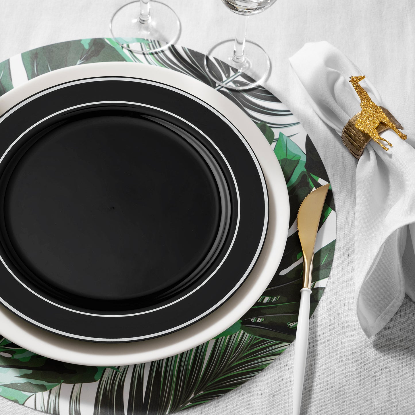 Black with Silver Edge Rim Plastic Salad Plates (7.5")