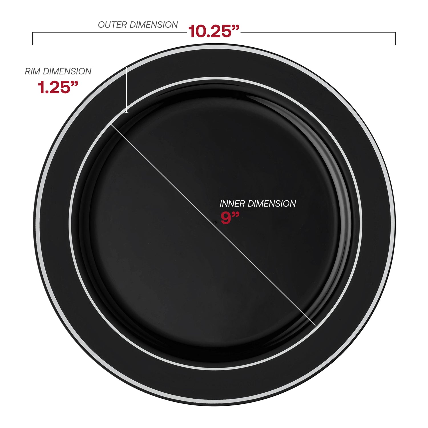 Black with Silver Edge Rim Plastic Dinner Plates (10.25") Dimension | The Kaya Collection