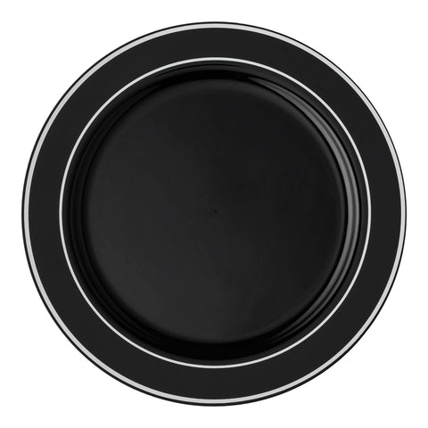 Black with Silver Edge Rim Plastic Dinner Plates (10.25