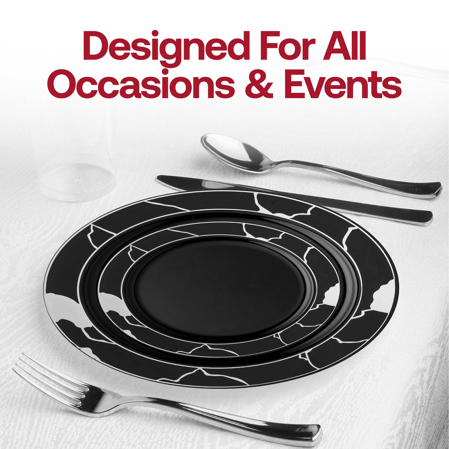 7.5" Black with Silver Marble Disposable Plastic Salad Plates | The Kaya Collection