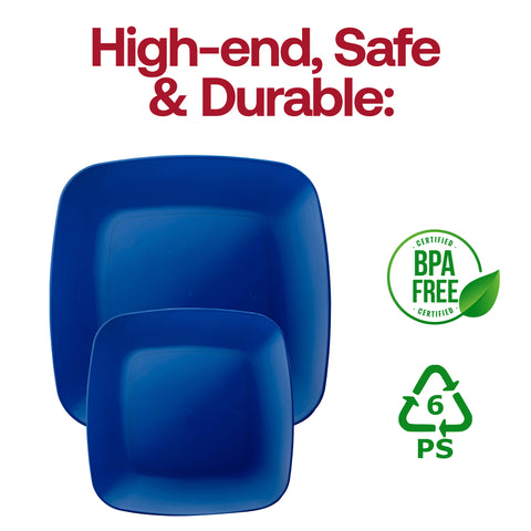 Blue Flat Rounded Square Plastic Buffet Plates (8.5