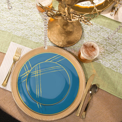 Blue with Gold Brushstroke Round Plastic Disposable Dinner Plates (10.25